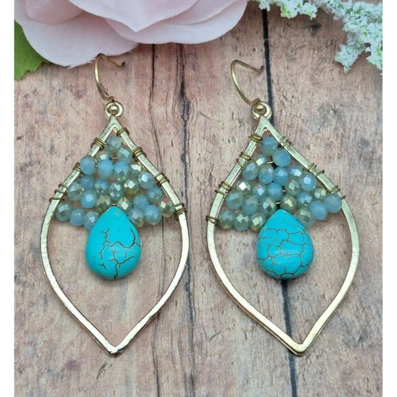 Gold Tone & Faux Turquoise Teardrop Earrings Hook Clasps Faceted Beads Statement - Picture 5 of 7